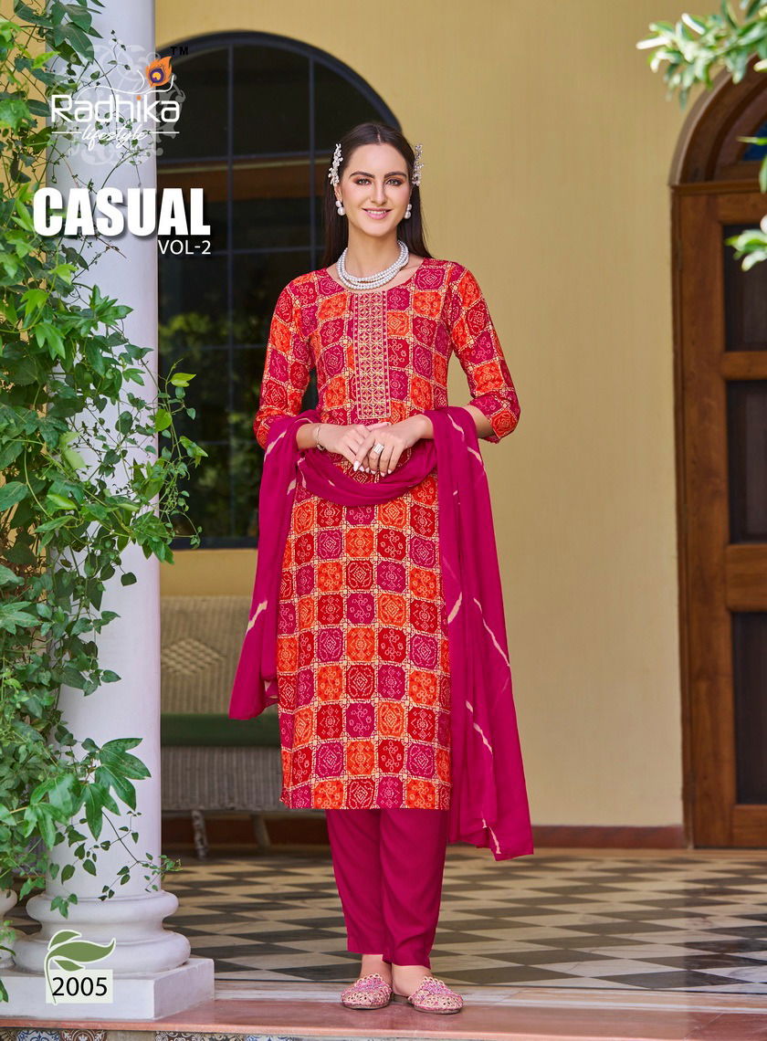 Casual Vol 2 By Radhika Rayon Printed Kurti With Bottom Dupatta Wholesale Shop In Surat